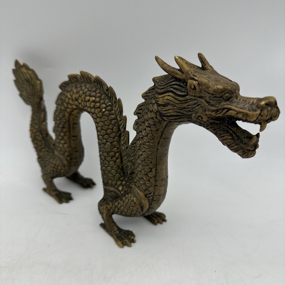 Vintage Solid Brass Chinese Dragon Statue 11.5" Wide 6.5" Tall EUC